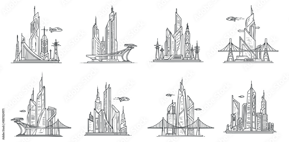 Fototapeta premium A collection of futuristic city skyline illustrations in monochrome outline vector style, ideal for architectural design projects
