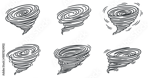 A collection of six tornado illustrations in black and white outline vector style, suitable for weather-related graphics and educational materials