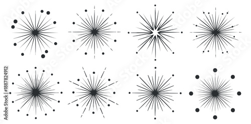 A collection of eight starburst and radial designs in black and white vector style, ideal for graphic design projects and backgrounds