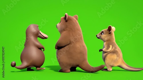 Three adorable, furry cartoon characters, resembling a bear, a platypus, and a small marsupial, happily wave and walk around, performing various cheerful animations against a vibrant chroma key.
