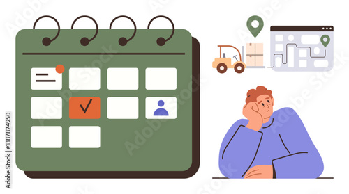 Logistics, planning, scheduling, delivery services, route optimization, supply chain. A calendar with marked dates, forklift moving packages and a map with routes. Logistics and planning concept