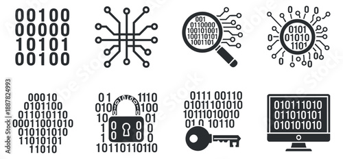 A collection of binary code icons featuring locks, keys, and computer screens in flat modern vector style, ideal for technology and cybersecurity projects