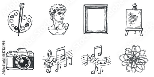 A collection of artistic icons including a paint palette, brush, music notes, statue, frame, and easel in black and white outline style, ideal for creative projects and art-related designs