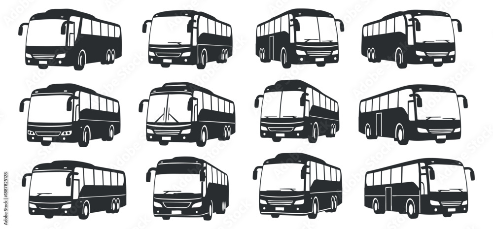 Obraz premium A collection of twelve bus icons in black and white vector style, ideal for transportation and urban planning projects