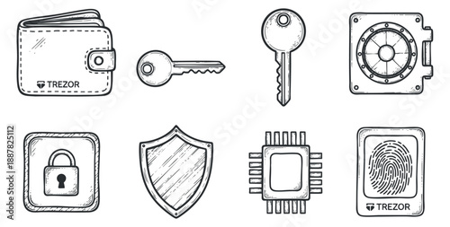 A collection of security icons including a wallet, keys, lock, shield, chip, fingerprint, and safe in sketch outline vector style, ideal for digital security and cryptocurrency branding