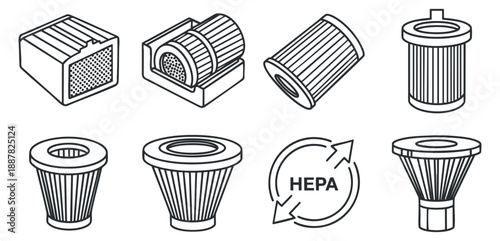 A set of various air filters including HEPA in clean outline vector style, suitable for home appliance design and technology projects