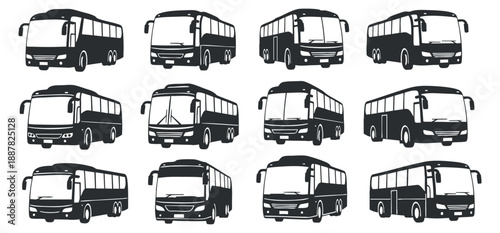 A collection of twelve bus icons in black and white vector style, ideal for transportation and urban planning projects