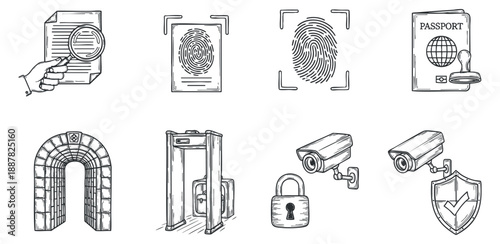 A set of security icons including fingerprint scanning, surveillance cameras, passport, and locks in hand-drawn vector style, perfect for security and technology themes