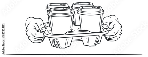 A pair of hands holding a beverage carton with four coffee cups in outline vector style, suitable for food service branding