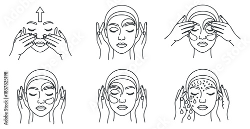 A set of six minimal outline illustrations showing steps for facial massage and skincare routine, ideal for wellness and beauty guides