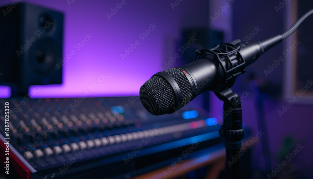 Obraz premium Professional podcast microphone in dark studio with neon lights.