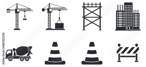 A collection of construction icons including cranes, scaffolding, cement truck, and safety cones in a flat vector style, suitable for construction projects and industry presentations
