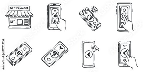 A set of icons depicting NFC payment methods, including mobile wallets and cashless transactions in minimalist vector style, ideal for financial technology applications