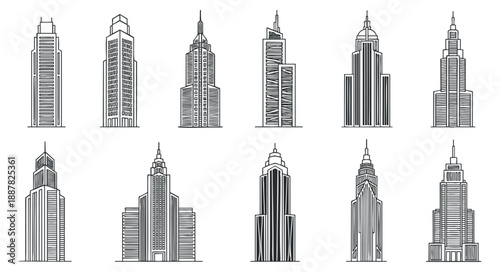 A collection of ten various skyscrapers in monochrome outline vector style, suitable for architectural design and urban planning projects