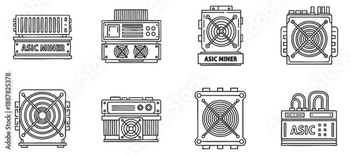 A set of ASIC miner illustrations in flat outline vector style, ideal for cryptocurrency and technology projects
