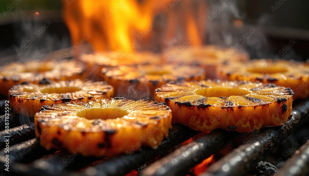 Fototapeta premium Pineapple rings cook on hot barbecue grill with flames and smoke. Sweet fruit caramelizes on grates creating smoky flavor. Summer outdoor cooking at its best.