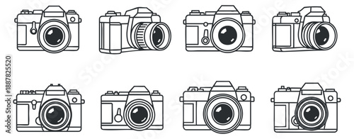 A collection of eight camera icons in black and white outline vector style, suitable for photography-themed projects and graphic designs