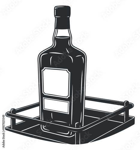 A bottle of liquor in a stylish holder in black and white outline vector style, ideal for bar and restaurant branding