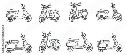 A set of eight scooter icons in minimalist line art vector style, perfect for urban transportation design and creative projects
