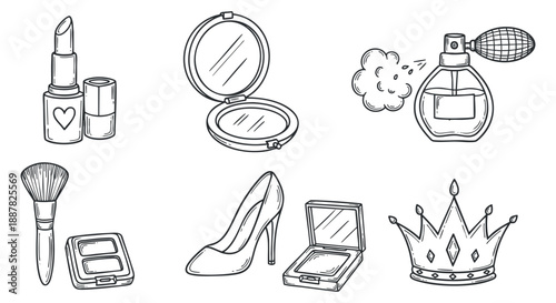 A collection of beauty and makeup items including lipstick, compact mirror, perfume, and high heel shoes in a hand-drawn sketch style, ideal for fashion and cosmetics branding