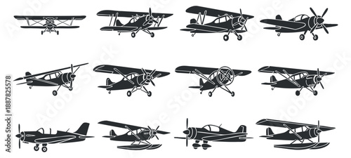 A collection of various airplane icons including biplanes, seaplanes, and gliders in black and white vector style, perfect for aviation-themed designs