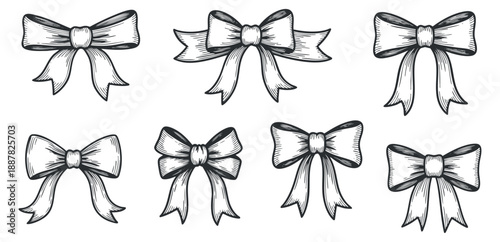 A collection of hand-drawn decorative bows in black and white vector style, ideal for festive designs and gift wrapping