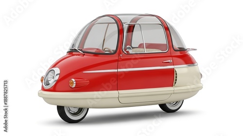 Red and cream peel p50 microcar with clear top. Perfect for automotive websites, car enthusiasts, vintage car collectors, and transportationrelated designs.