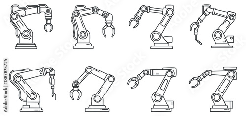 A collection of robotic arms in outline vector style, showcasing various designs and functionalities, suitable for technology and engineering projects