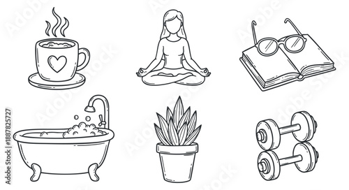 A collection of wellness icons including a coffee cup, yoga figure, reading glasses, bath, plant, and dumbbells in black and white outline style, ideal for health and lifestyle projects