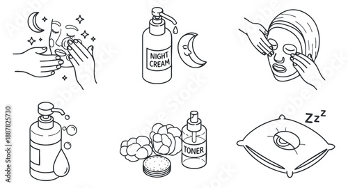 A collection of skincare elements including night cream, toner, and facial treatments in minimalist line art vector style, suitable for beauty and wellness branding