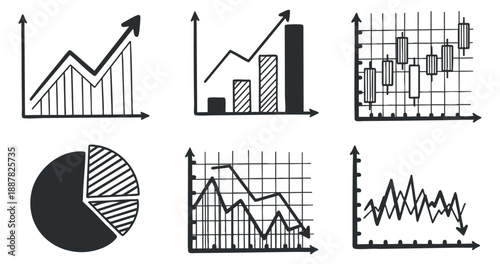 A collection of various graph and chart illustrations in black and white minimalist vector style, suitable for business presentations and data analysis