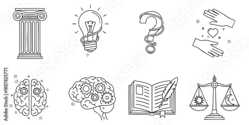 A collection of educational and creative icons including a column, lightbulb, brain, book, and scales in minimalist outline vector style, ideal for academic and inspirational designs