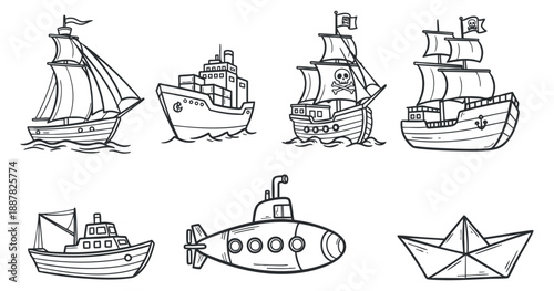 A collection of various ships including sailboats, submarines, and pirate ships in black and white outline vector style, perfect for nautical themes and marine illustrations