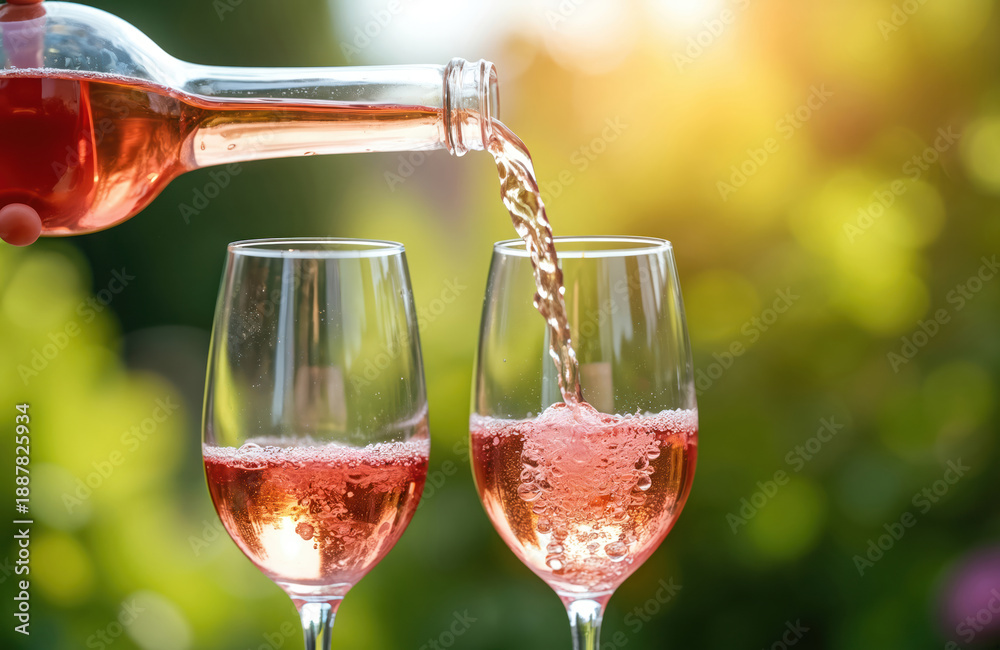 Obraz premium Rose wine is poured from bottle into two glasses outdoors. Pink beverage bubbles fill glasses with refreshing liquid. Sunny day perfect for celebration or relaxation.