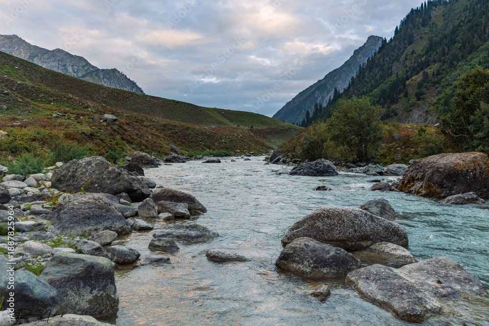 Fototapeta premium Evening rocky river view of remote area in gilgit baltistan of Pakistan