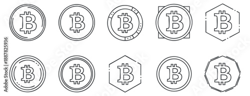 A collection of bitcoin icons in outline style, suitable for cryptocurrency-related projects and digital finance branding