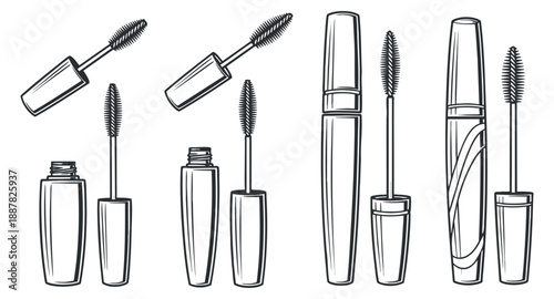 A collection of mascara tubes and brushes in a black and white outline vector style, perfect for beauty product design