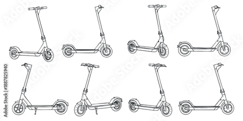 A collection of electric scooters in various angles and styles in minimalist black and white outline vector design, ideal for urban mobility concepts