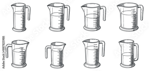 A set of various measuring cups and jugs in detailed outline vector style, ideal for culinary and kitchen design projects