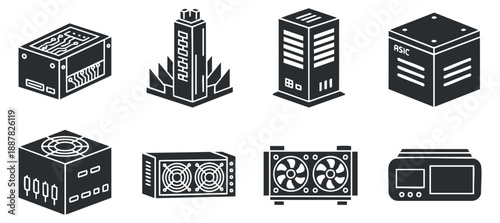 A set of technology hardware icons including servers, ASIC miners, and cooling systems in flat black and white vector style, ideal for tech-related graphics and web design