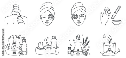 A collection of spa and wellness icons in minimalist outline vector style, suitable for beauty and health projects