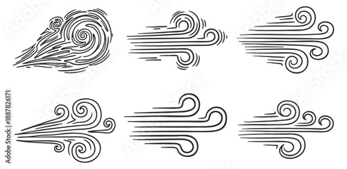 A collection of stylized wind elements and cloud shapes in black and white minimalist vector style, ideal for weather-themed designs and illustrations