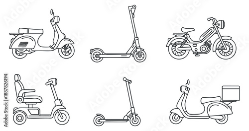 A collection of six various scooters and mopeds in minimalist outline vector style, suitable for urban transportation themes