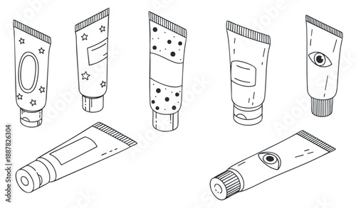 A collection of cosmetic tubes in outline vector style, suitable for beauty and skincare branding projects