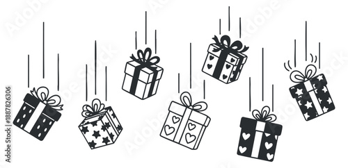 A collection of hanging gift boxes with ribbons in black and white minimalist vector style, perfect for festive design projects