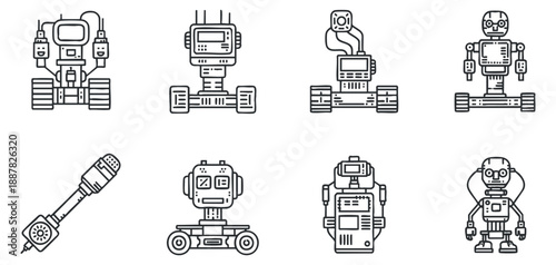 A collection of various robot icons and a retro telephone in minimalist outline vector style, suitable for technology-themed projects