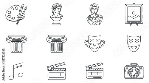 A collection of artistic icons including paint palette, busts, columns, and clapperboard in minimalist outline vector style, ideal for creative projects and art-related themes
