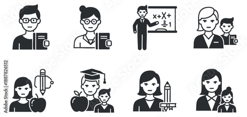 A collection of educational icons featuring teachers and students in black and white minimalist vector style, perfect for school branding and educational materials