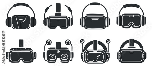 A collection of various virtual reality headsets and headphones in black and white vector style, suitable for technology and gaming projects