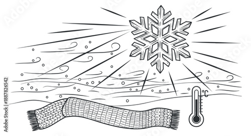 A snowflake surrounded by swirling winds and a thermometer next to a knitted scarf in black and white outline vector style, perfect for winter-themed designs